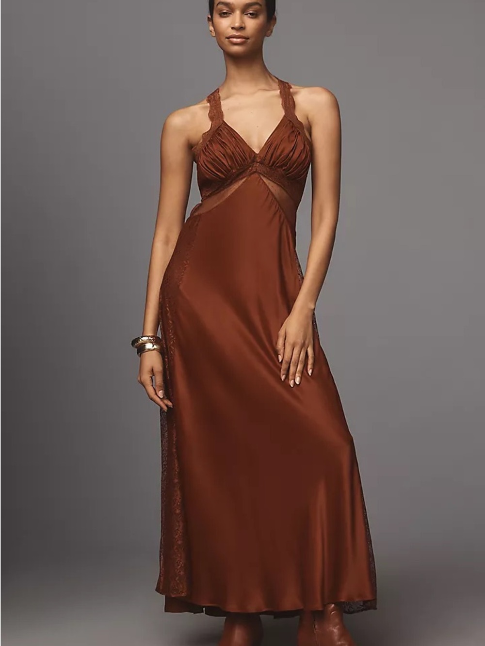 Anthropologie Maeve V-Neck Satin Lace Midi Dress